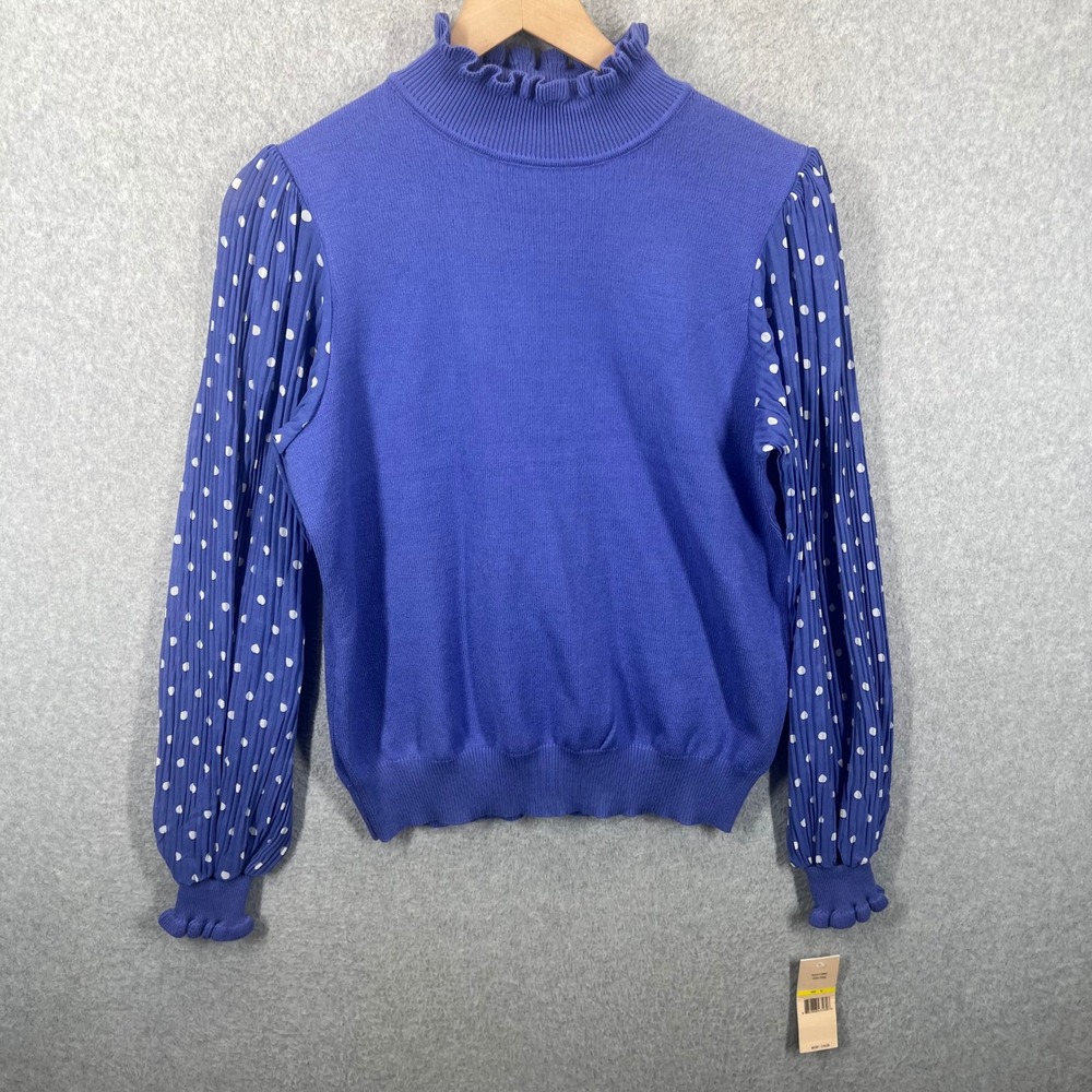 Nanette Lepore Sweater Women M Very Peri‎ Polka Dot Pleated Sleeve Mock Neck NWT